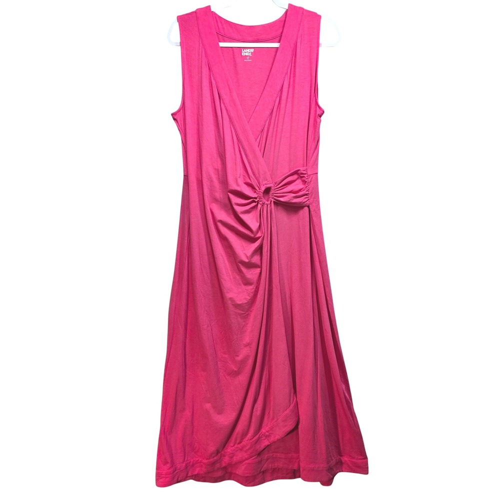 Lands End Faux Wrap Dress Womens LP 14-16 Pink Sleeveless Oring Maxi Jersey